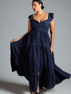 Anthropologie Pilcro Sweetheart Flutter Sleeve Denim Button Down Maxi Dress